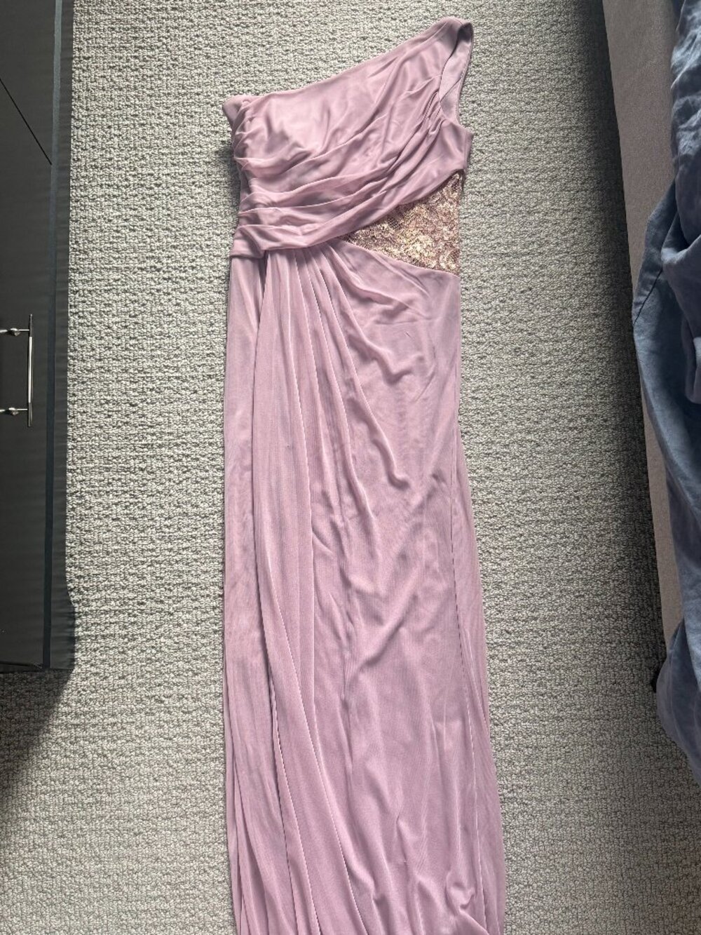 David's Bridal One-Shoulder Mesh Dress with Lace Inset